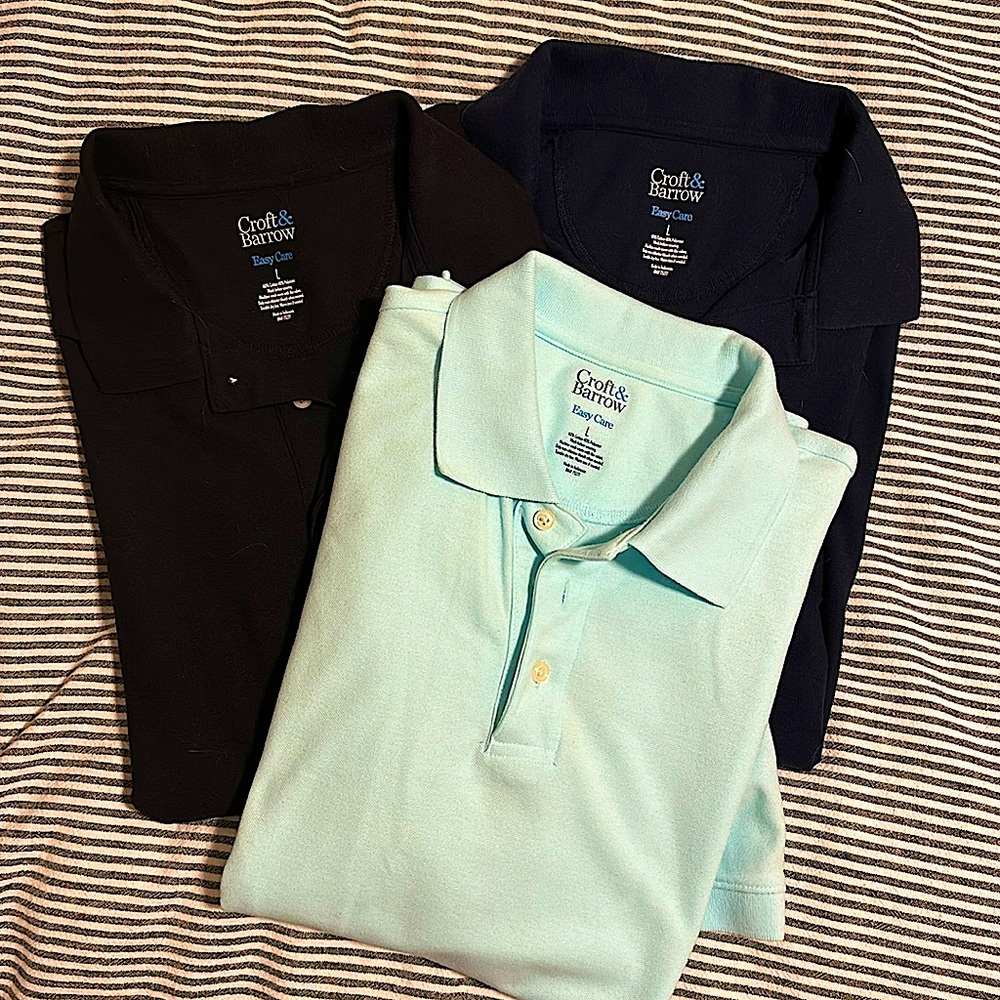 3 Polo Golf Short Sleeve Shirts - Large - black, navy, aqua